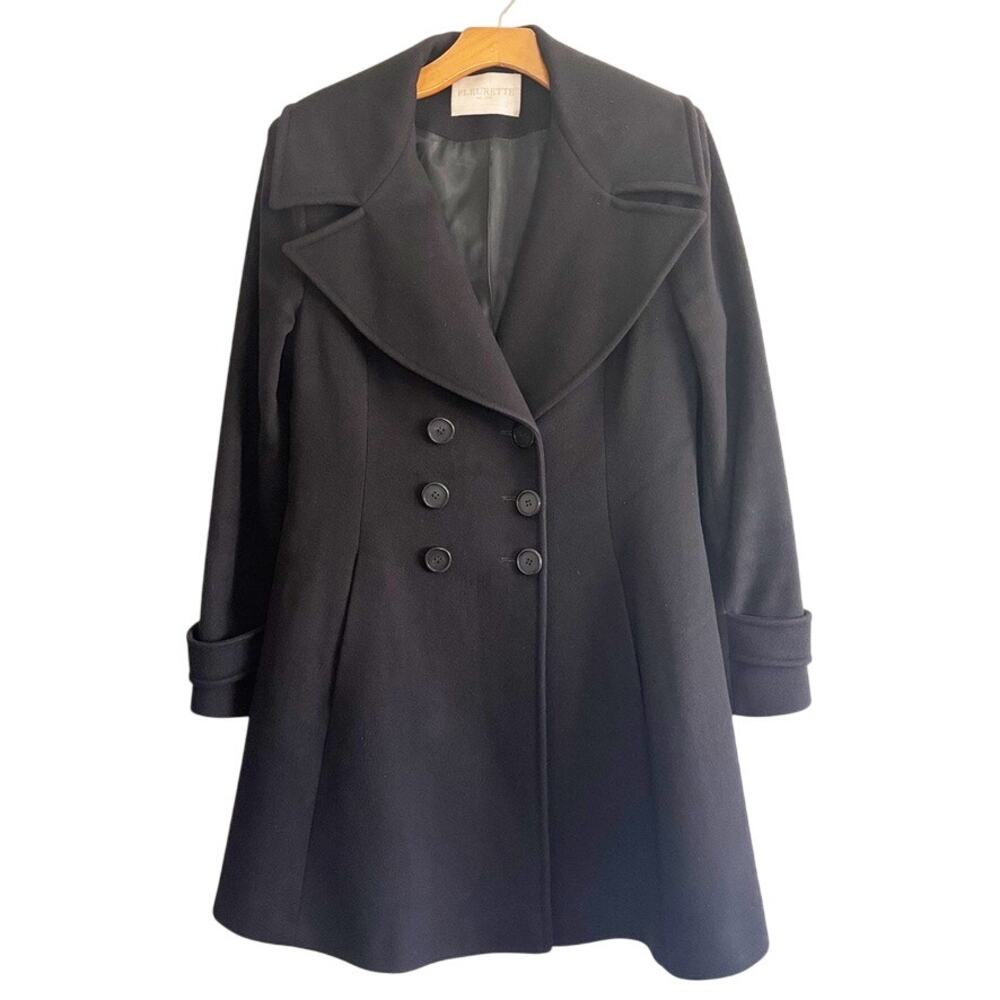 Women's Black Double-Breasted Peacoat with Wide Notched Collar